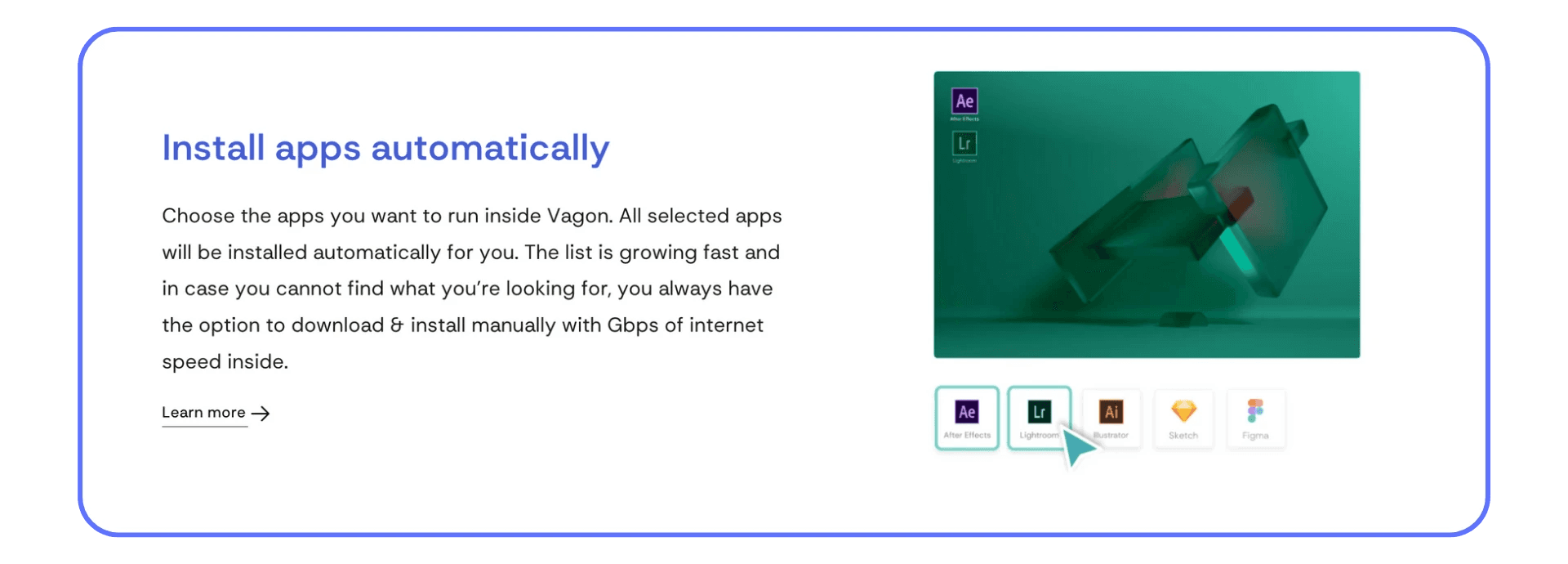 Vagon cloud computer interface showing automatic installation of creative and professional applications