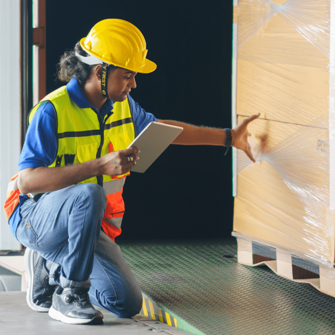 Worker documenting pallet condition with mobile app for complete audit trails and dispute resolution