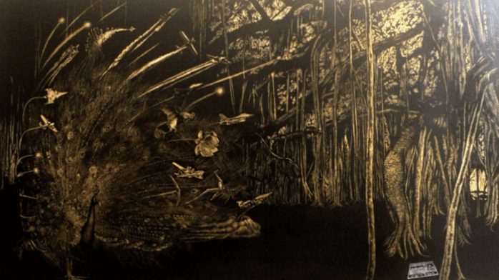 herd of sheep on road painting