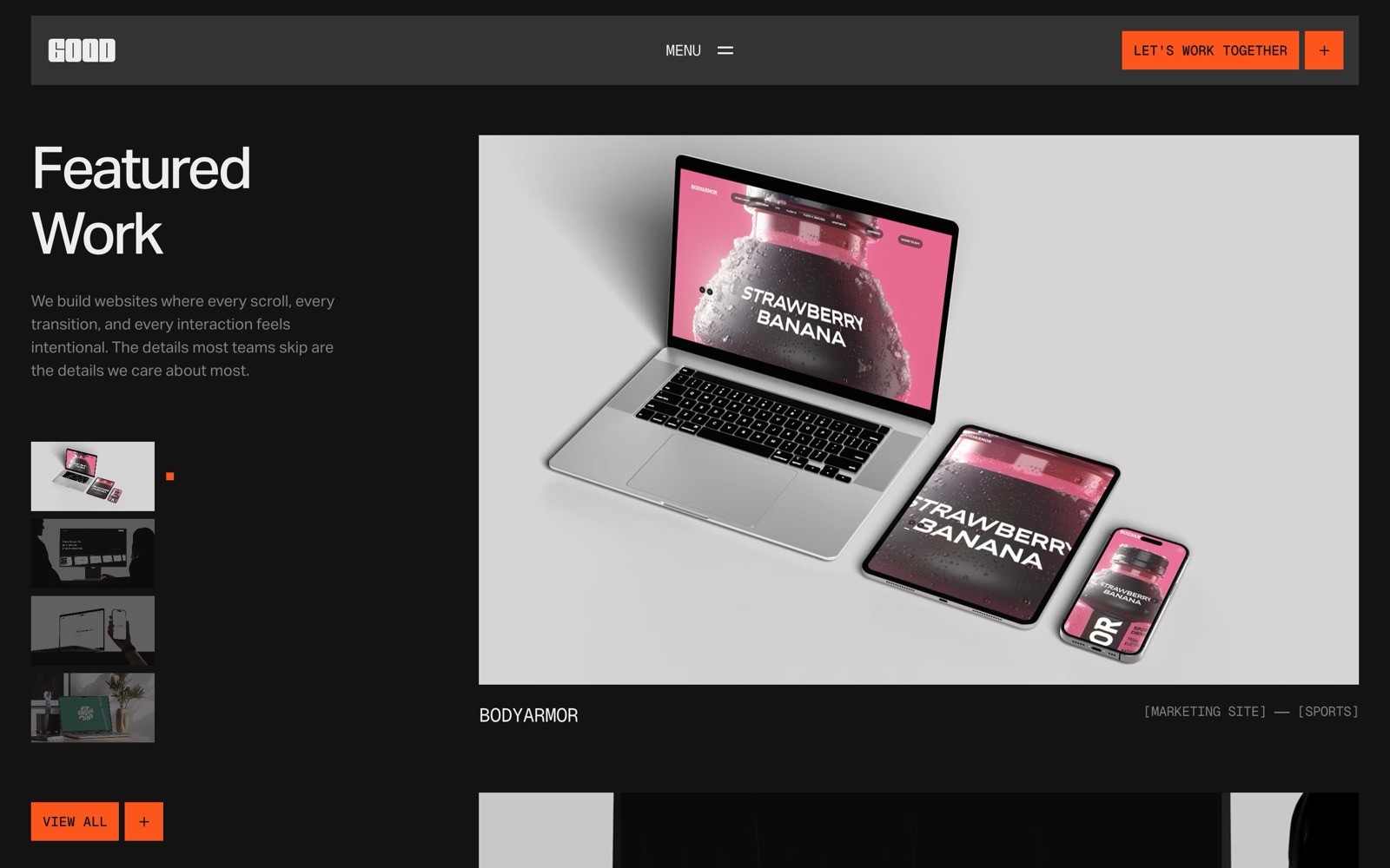 Laptop, tablet, and phone display "STRAWBERRY BANANA" with red and white design. Text: "Featured Work, BODYARMOR, Marketing Site".