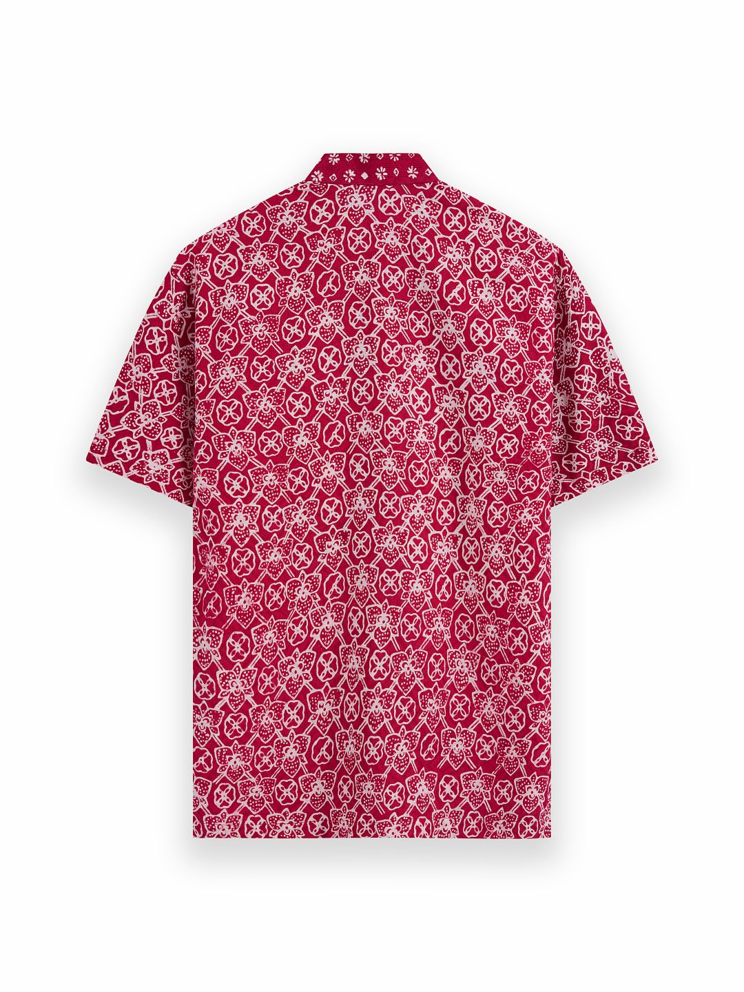 Photo of products from Yeomama® Batik, Mandarin Short Sleeve Shirt (Peranakan Petals - Red), shot against a white background by JU Productions