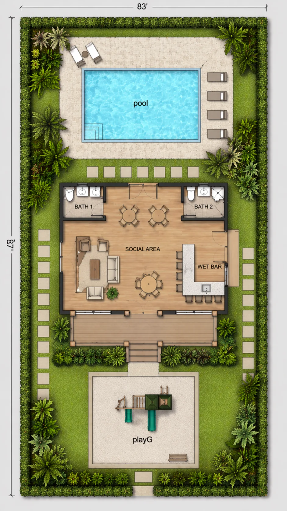 Conceptual render of Sunrise Grove community pool, playground, and commons pavilion
