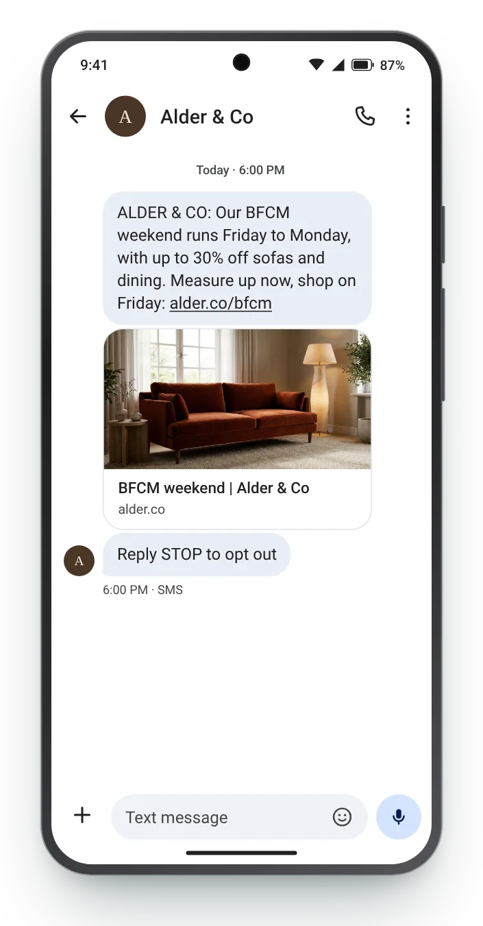 A week's notice of the long weekend BFCM text on an Android phone