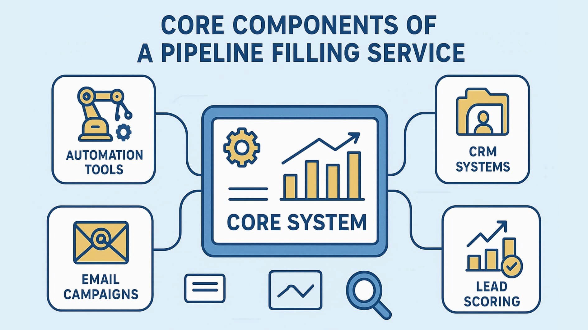 Diagram of core components behind a consistent pipeline filling service, including CRM, automation, and analytics.