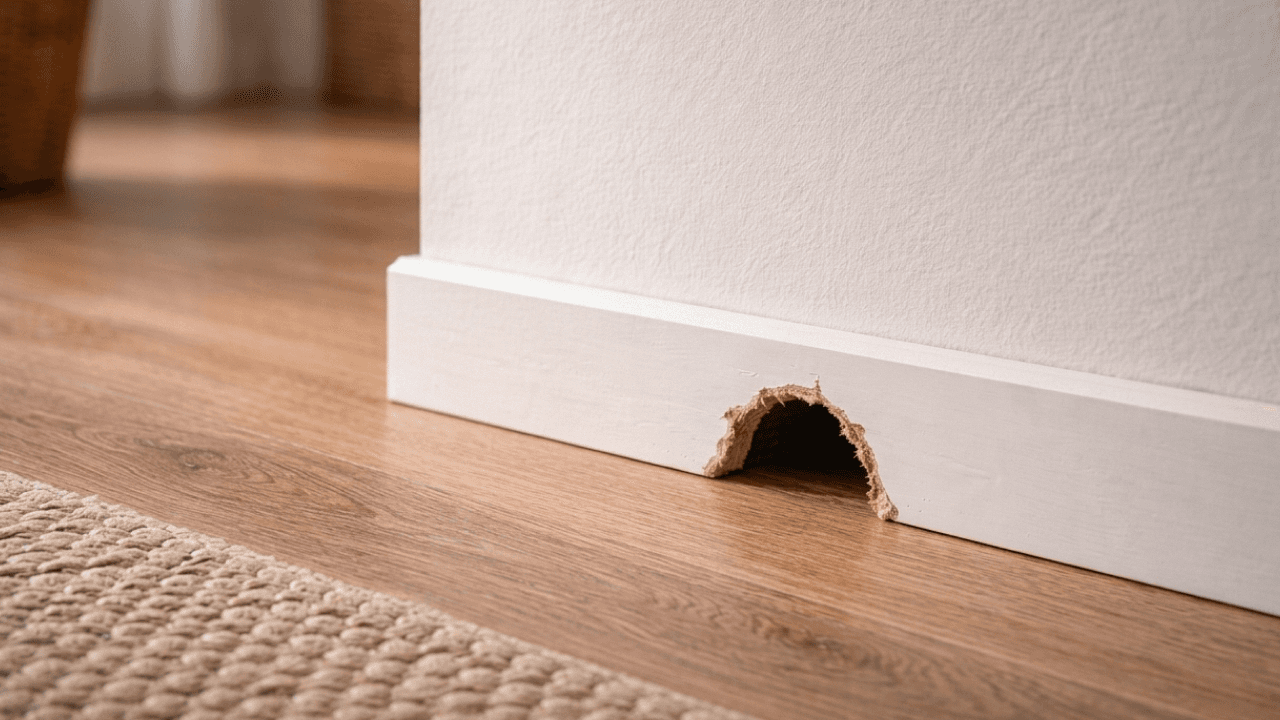 Trou de rongeur dans une plinthe blanche au ras du parquet
