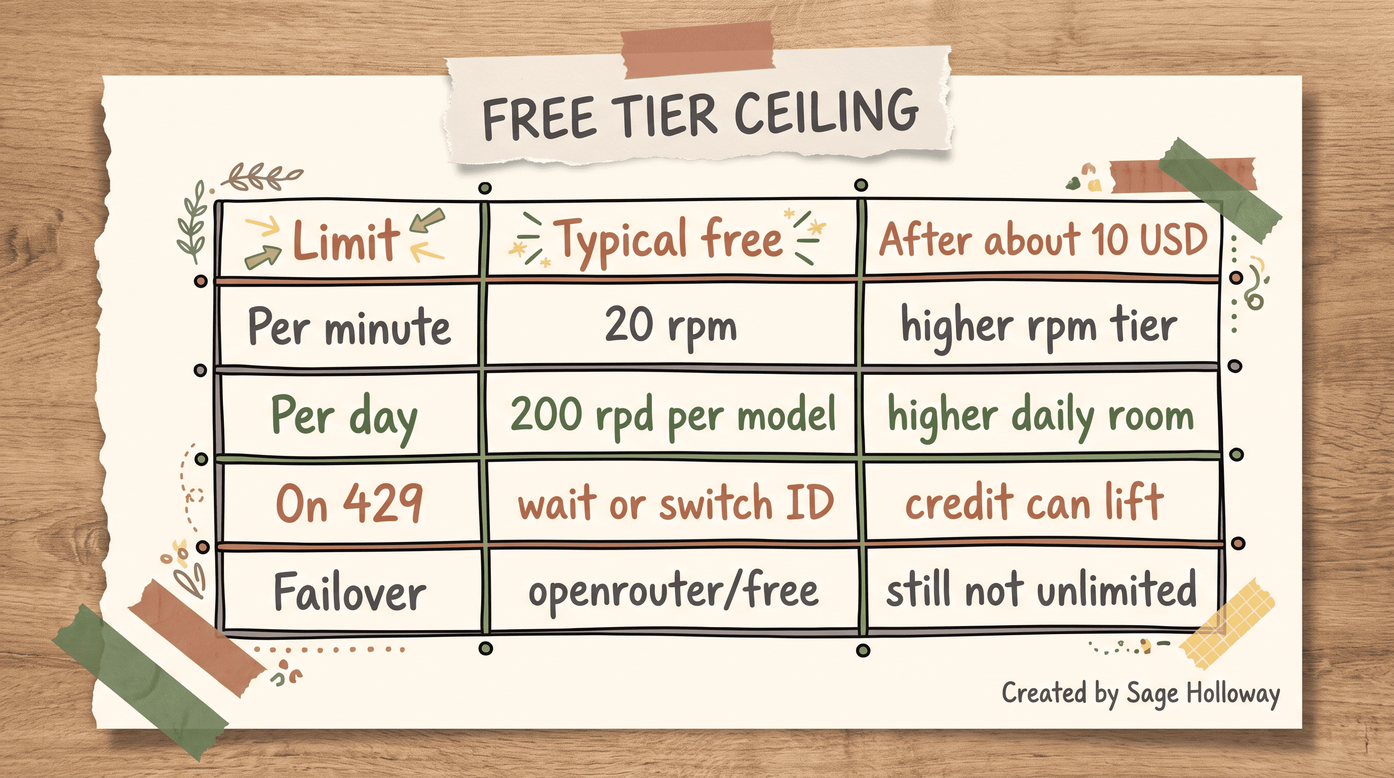 Table of OpenRouter free-tier limits for Claude Code: 20 requests per minute and 200 per day per model