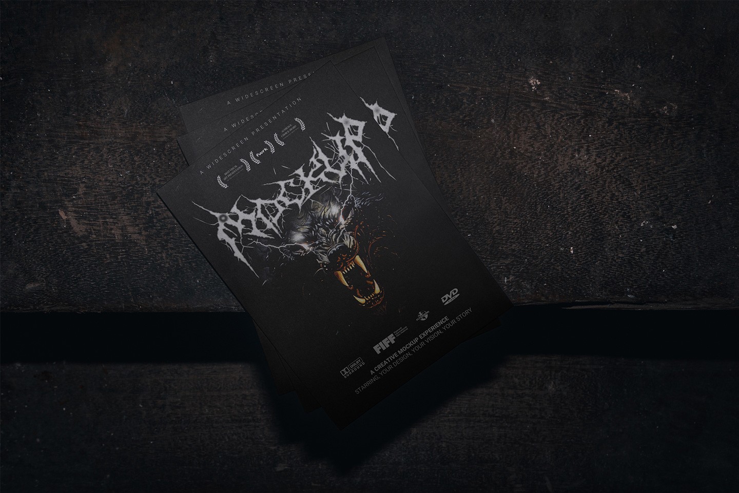 A5 flyer mockup displaying a dark metal wolf illustration for a creative club promotion