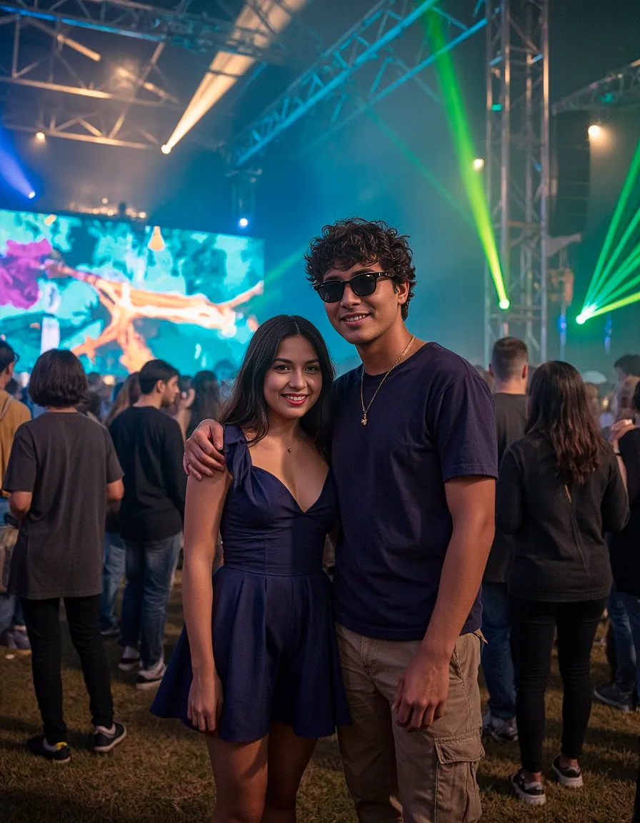 Concert scene with two attendees posing in foreground, vibrant green laser lights and colorful stage backdrop creating festival atmosphere