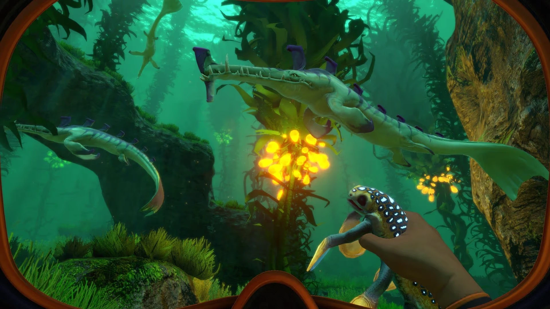 A person wearing a diving suit explores an alien underwater world filled with vibrant seaweed, glowing coral formations, and swimming marine creatures in a deep, green ocean.