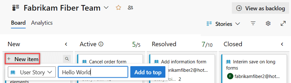 Adding a new user story from the New item button on an Azure Boards board