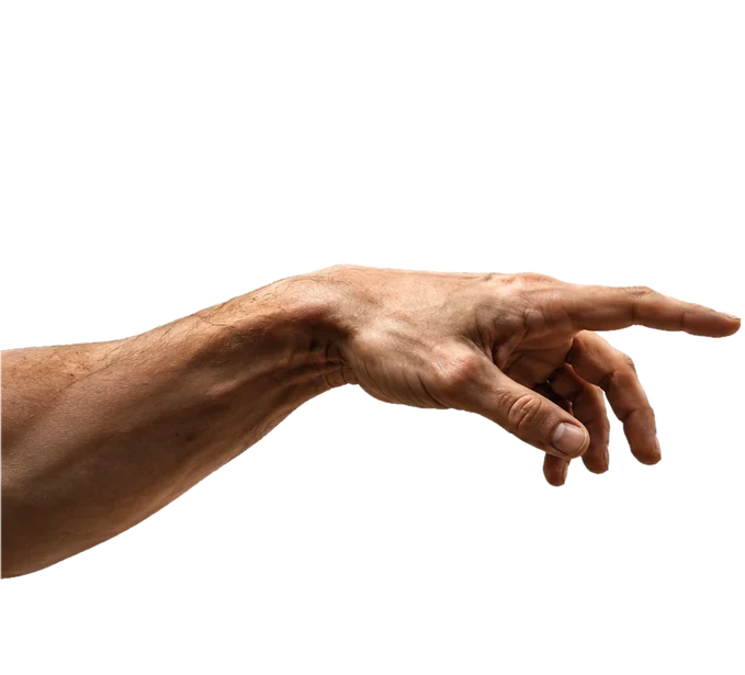 A weathered hand reaching out