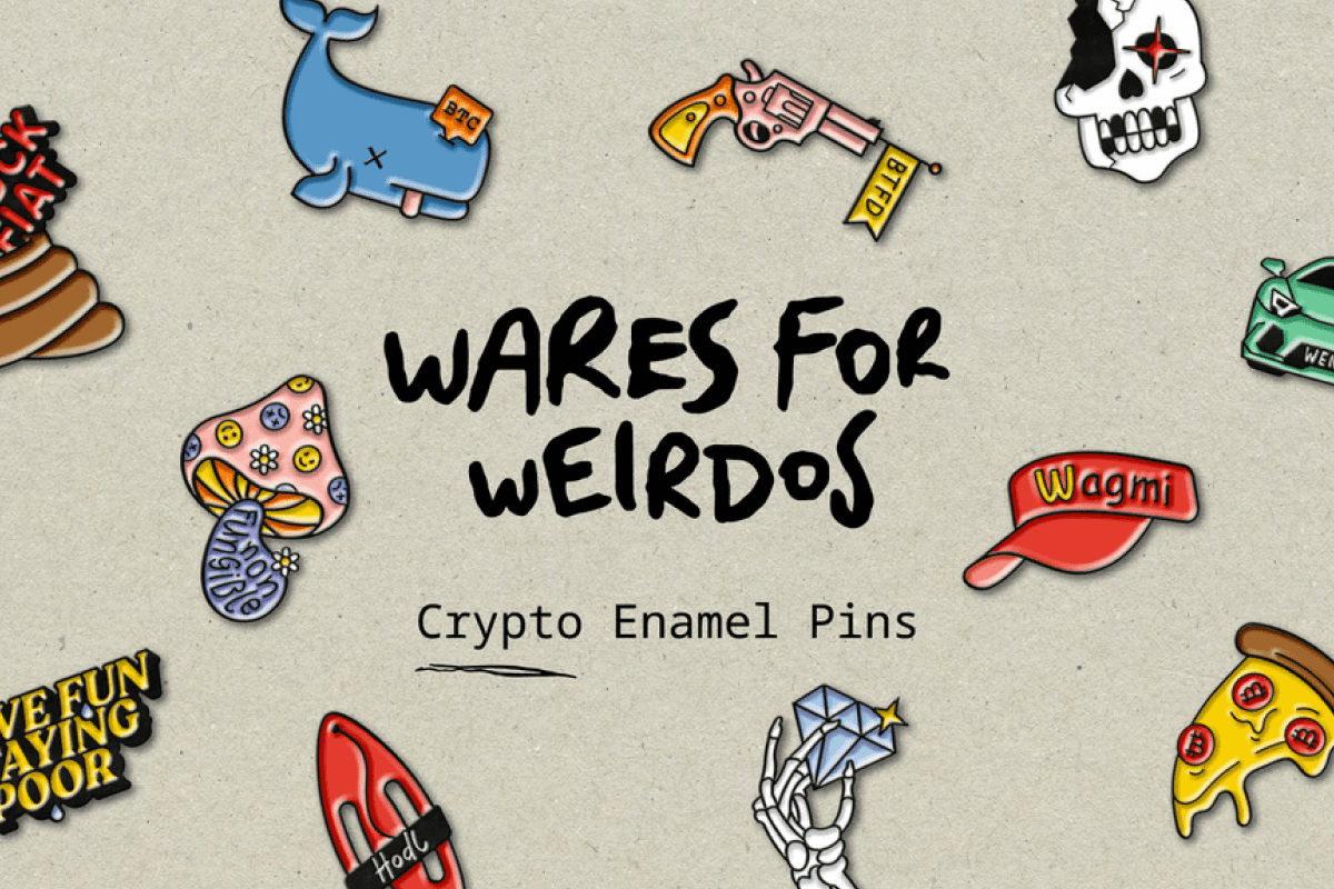 Illustration der Marke “Wares for Weirdos” mit verschiedenen Crypto-Emaille-Pins. Die Pins zeigen humorvolle Krypto-Motive wie eine Pistole mit “BTFD”-Anhänger, ein Wal mit “BTC”-Tag, ein Totenkopf, eine Baseballkappe mit “WAGMI”, ein Pizzastück mit Bitcoin-Logos und weitere. In der Mitte steht der Markenname “Wares for Weirdos” und darunter der Text “Crypto Enamel Pins.