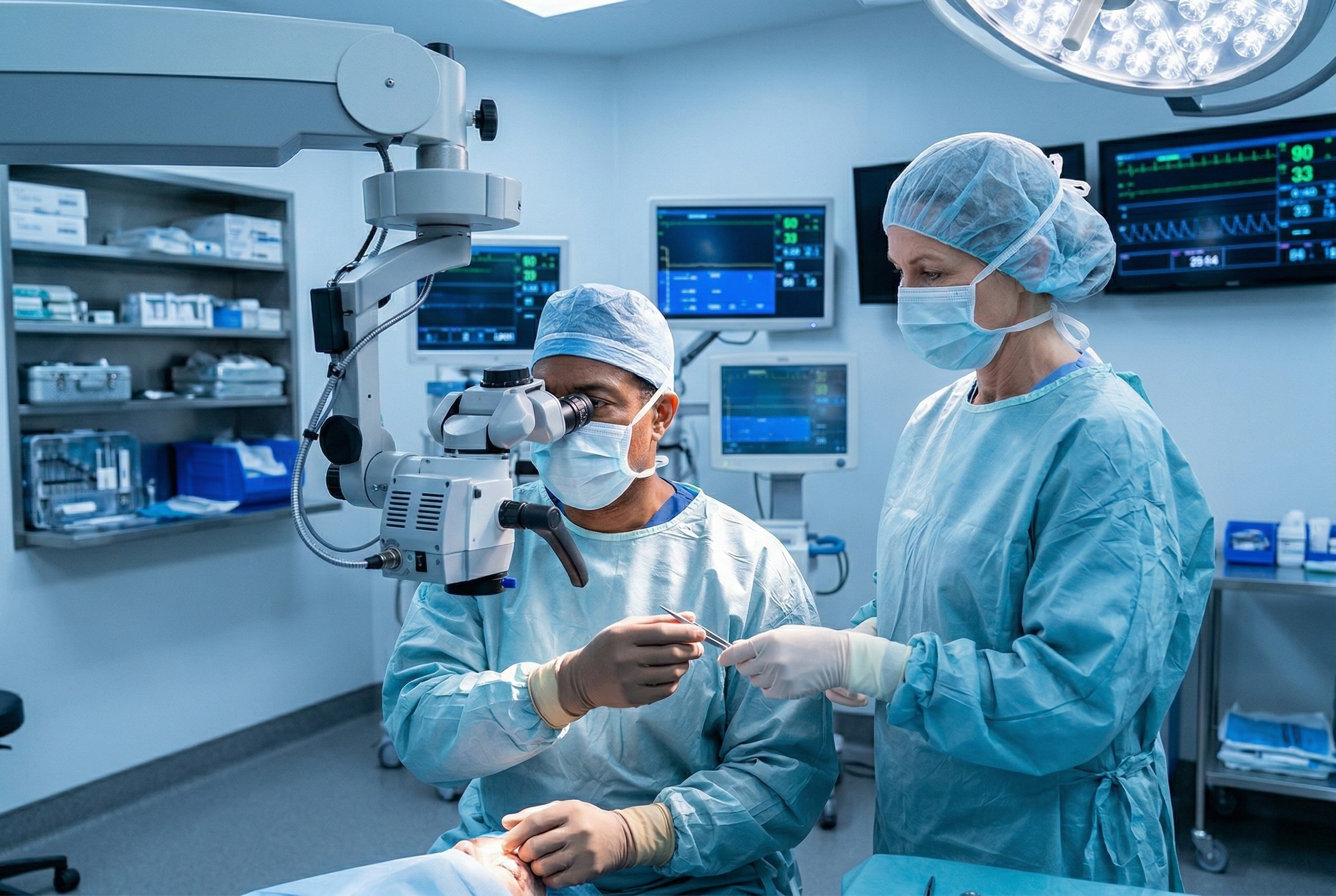 Ophthalmologist and experienced OR nurse working in synchronized coordination during eye surgery