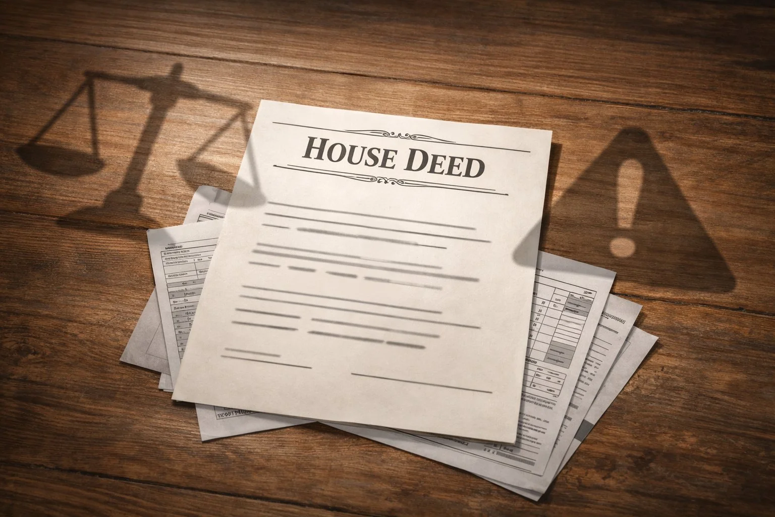 House deed on a wooden table with shadowed warning symbols, scales tipping unevenly, and partially visible tax forms suggesting legal and tax consequences.