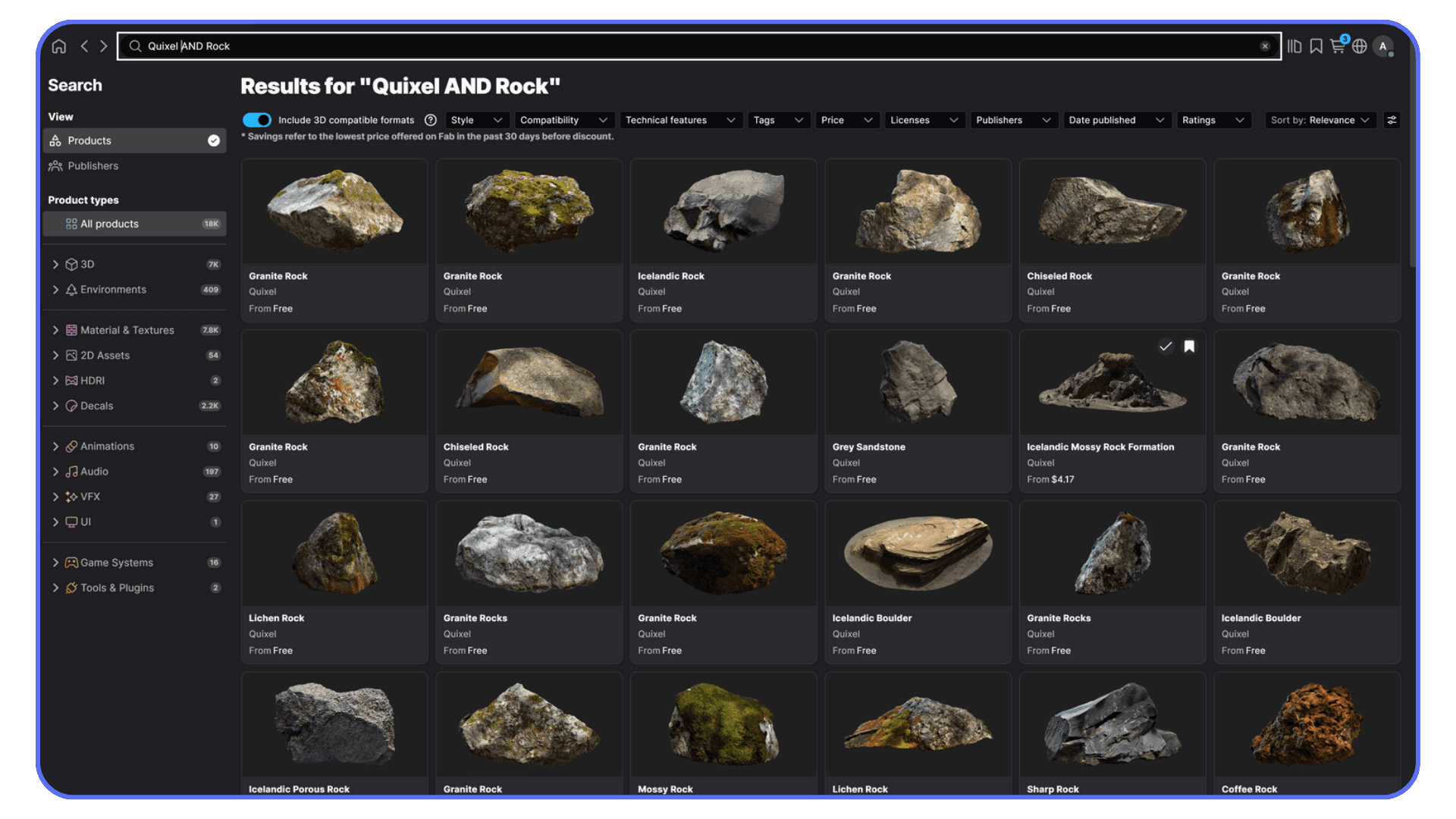 Search results for Quixel rock assets showing various free Megascans rock models in FAB.