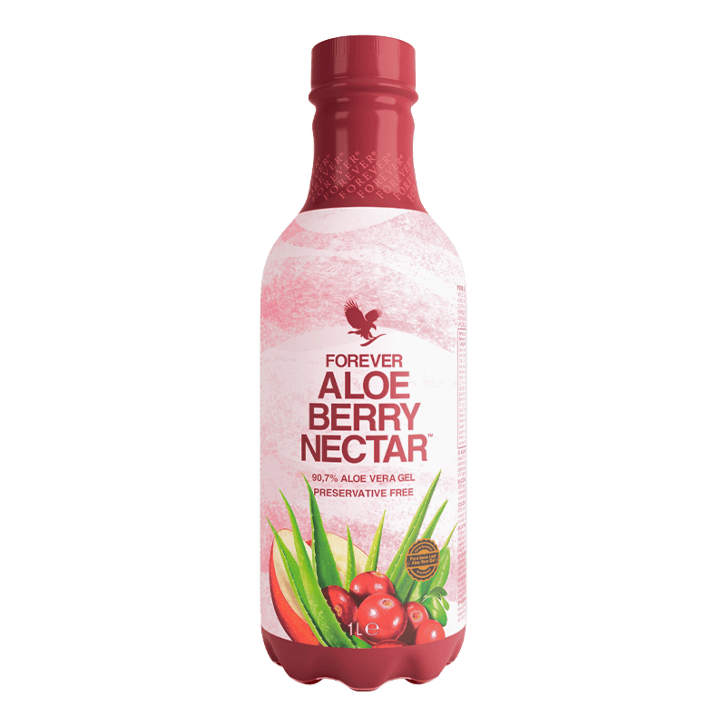 Garrafa do Forever Aloe Berry Nectar, bebida de aloe vera com cranberry para suporte à saúde do trato urinário.
