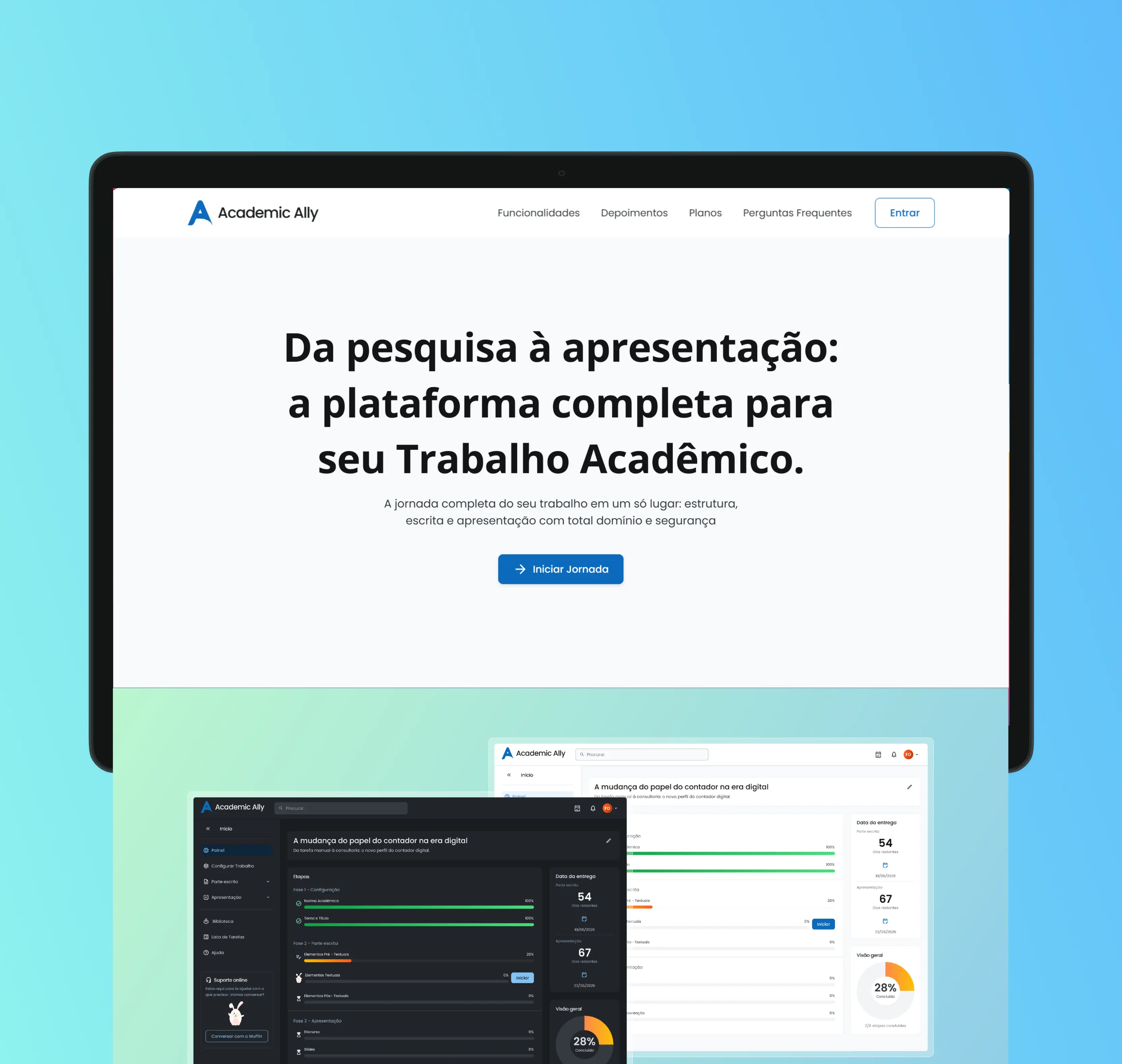 Detalhe da interface do projeto de plataforma acadêmica, apresentando o título "Da pesquisa à apresentação: a plataforma completa para seu Trabalho Acadêmico".