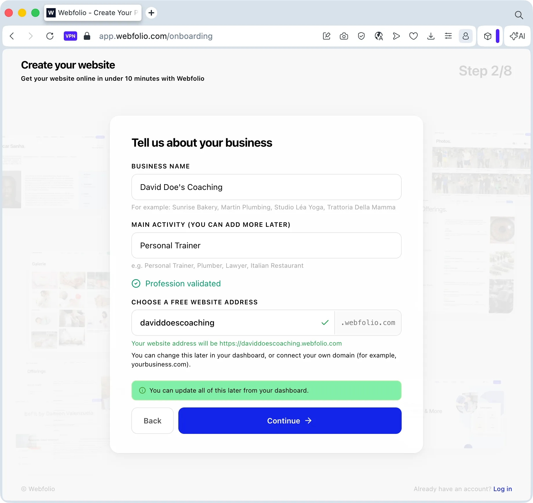 Webfolio onboarding step: entering a personal trainer's business name and profession