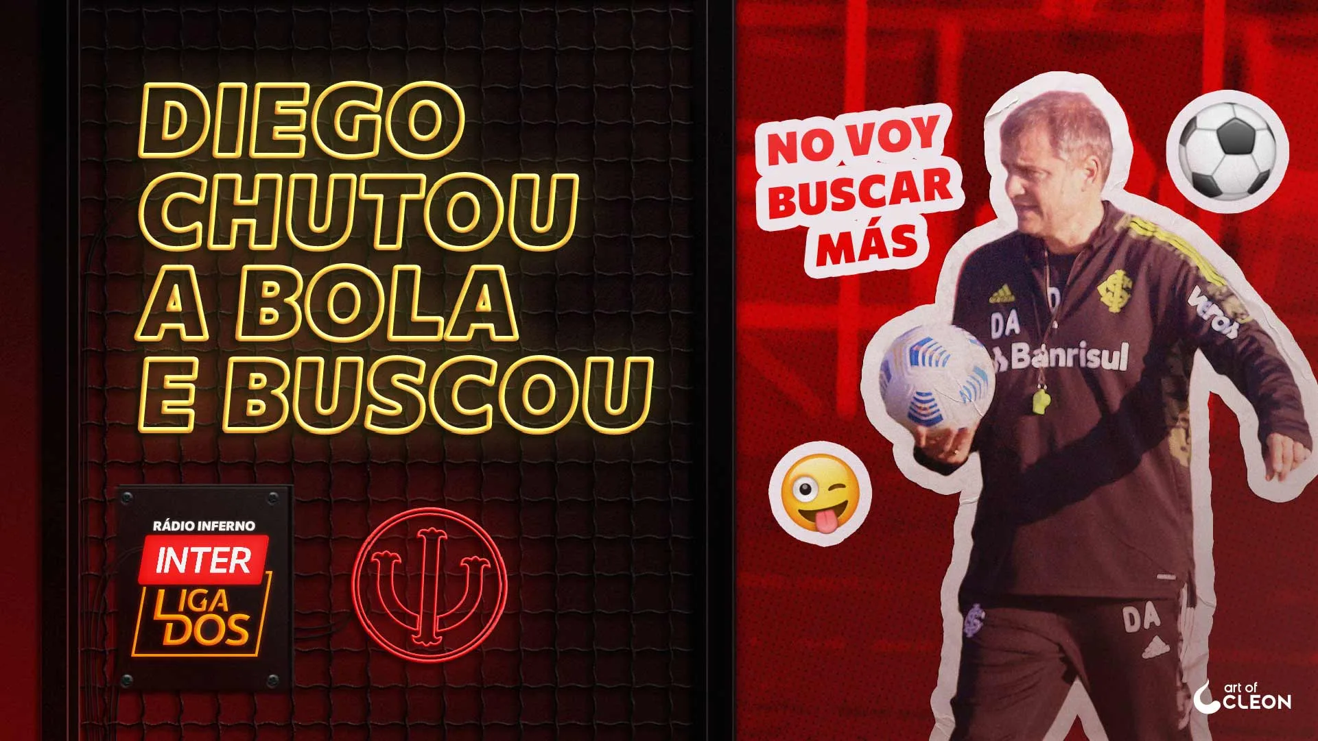 YouTube thumbnail with large yellow outlined lettering on dark mesh at left and a photograph of Diego Aguirre holding a football on a red background at right, surrounded by white-edged stickers.