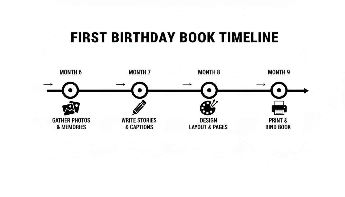 A timeline showing the steps to create a first birthday book from month 6 to month 9.