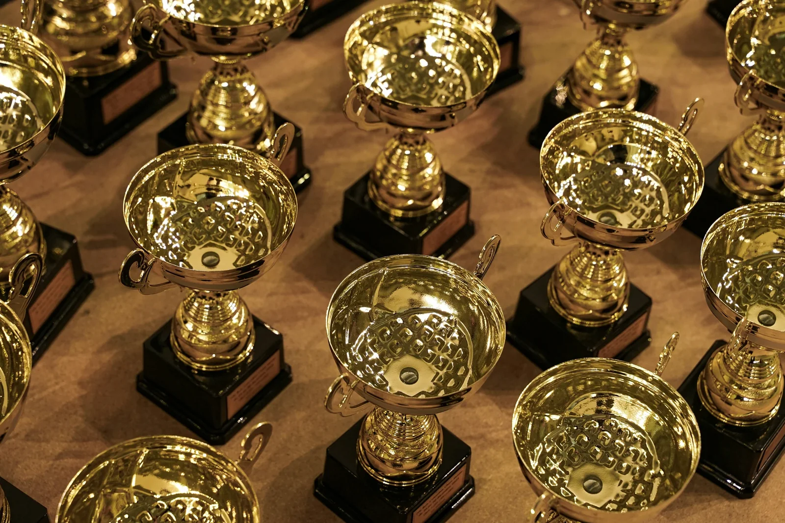 Multiple gold trophy cups with handles on black wooden bases arranged on a tan surface.