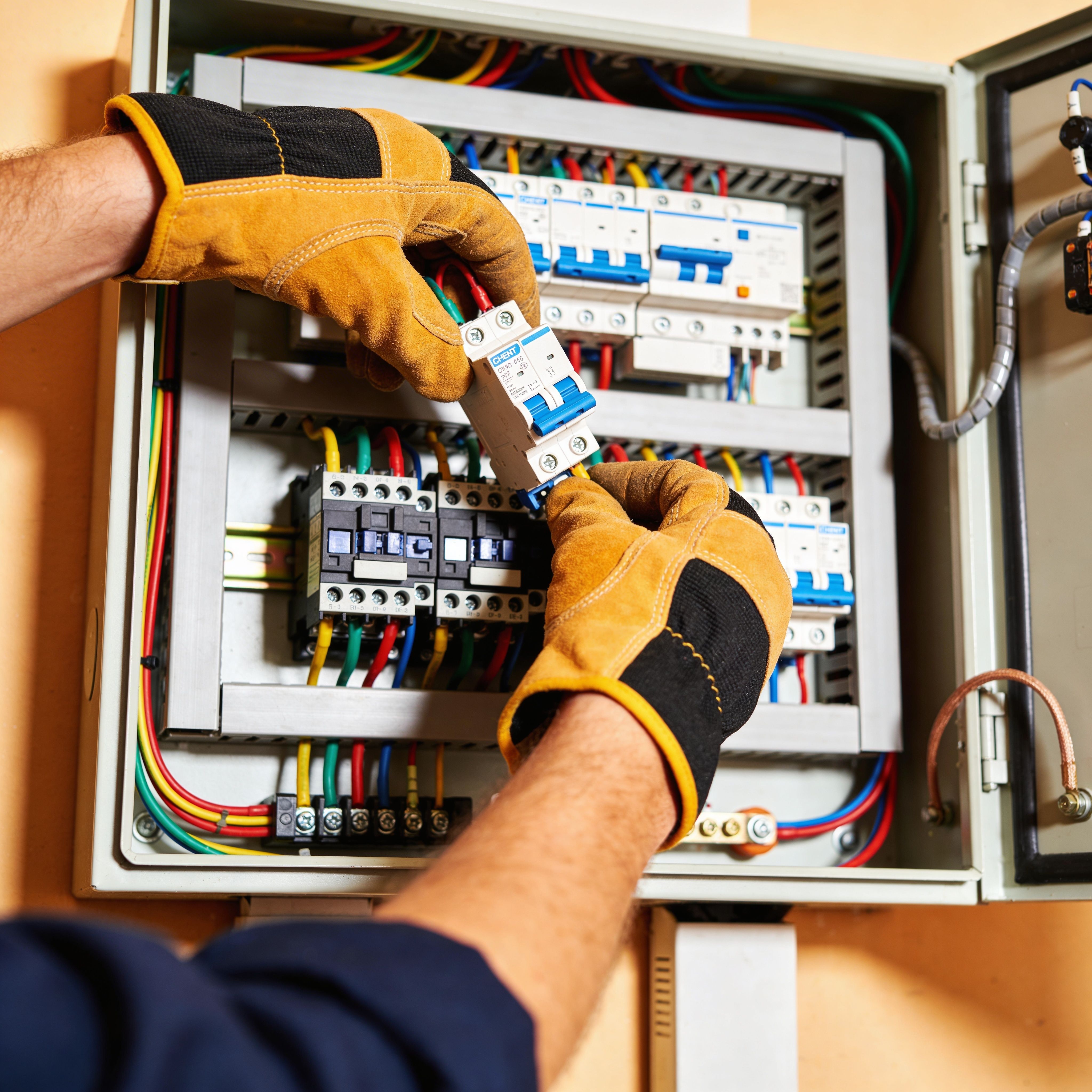 Gloved electrician replacing circuit breaker during electrical panel upgrade service
