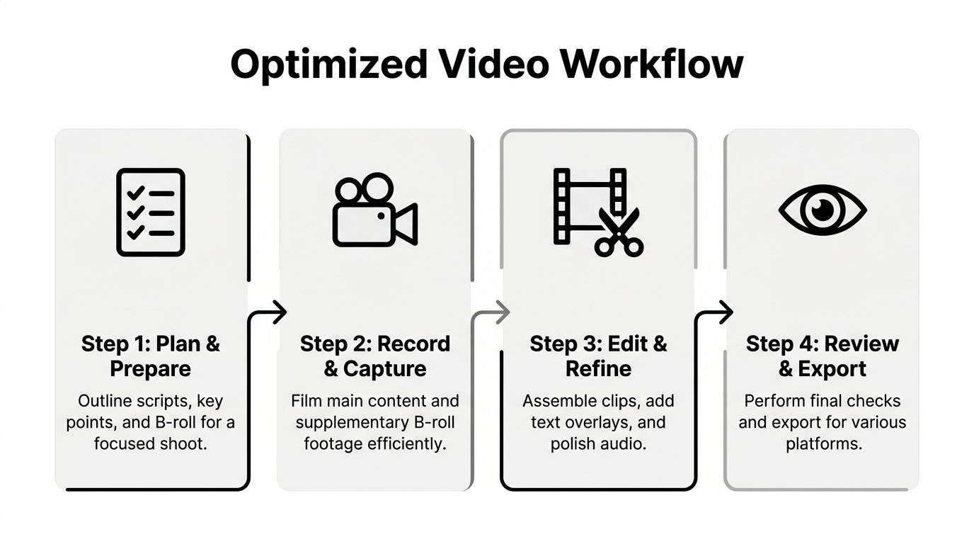 A flowchart showing an optimized four-step video workflow process for planning, recording, editing, and exporting content.