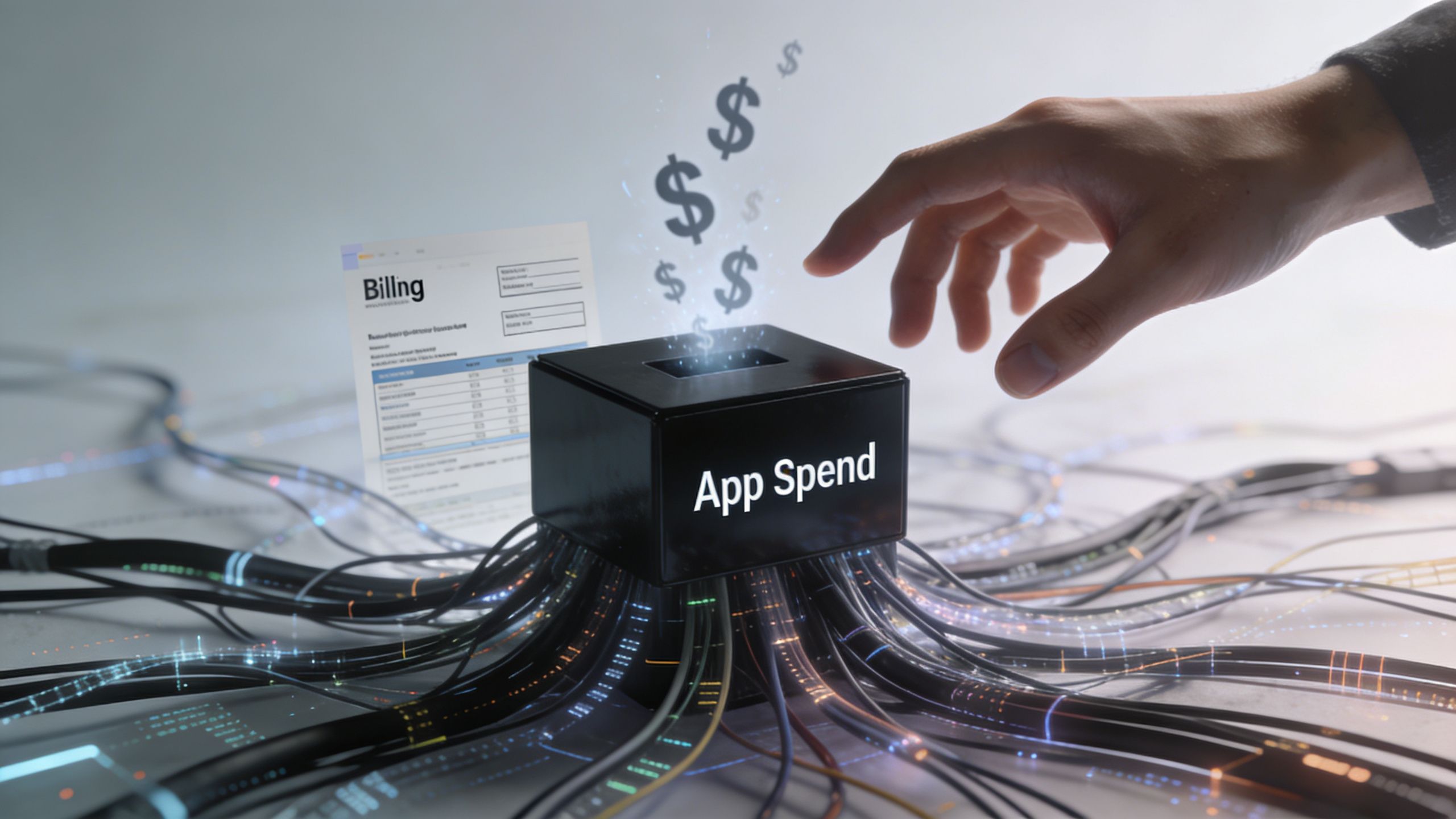 A hand reaching towards an App Spend box connected to data cables with floating dollar signs.