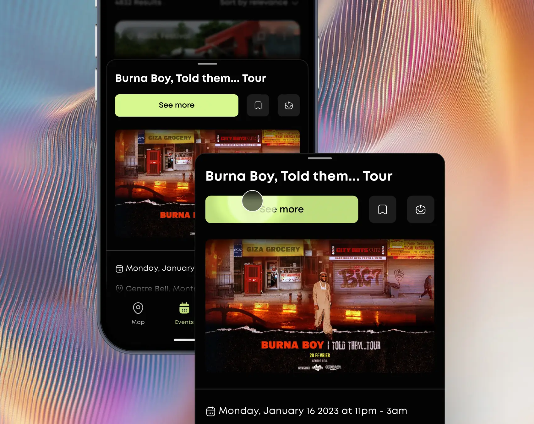 Two mobile screens displaying the Roamr event drawer with venue photos and event details.