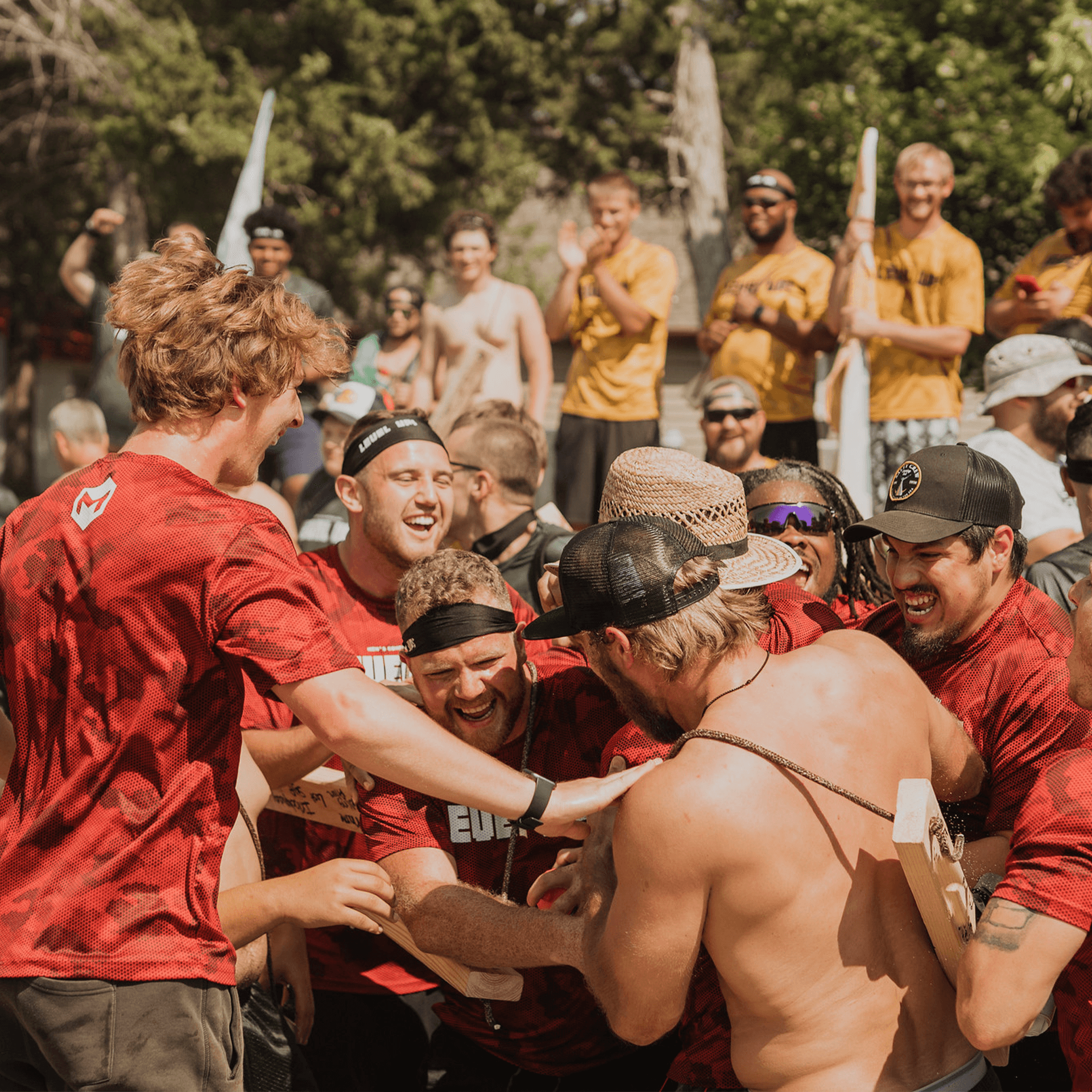 A group of men celebrating each other.