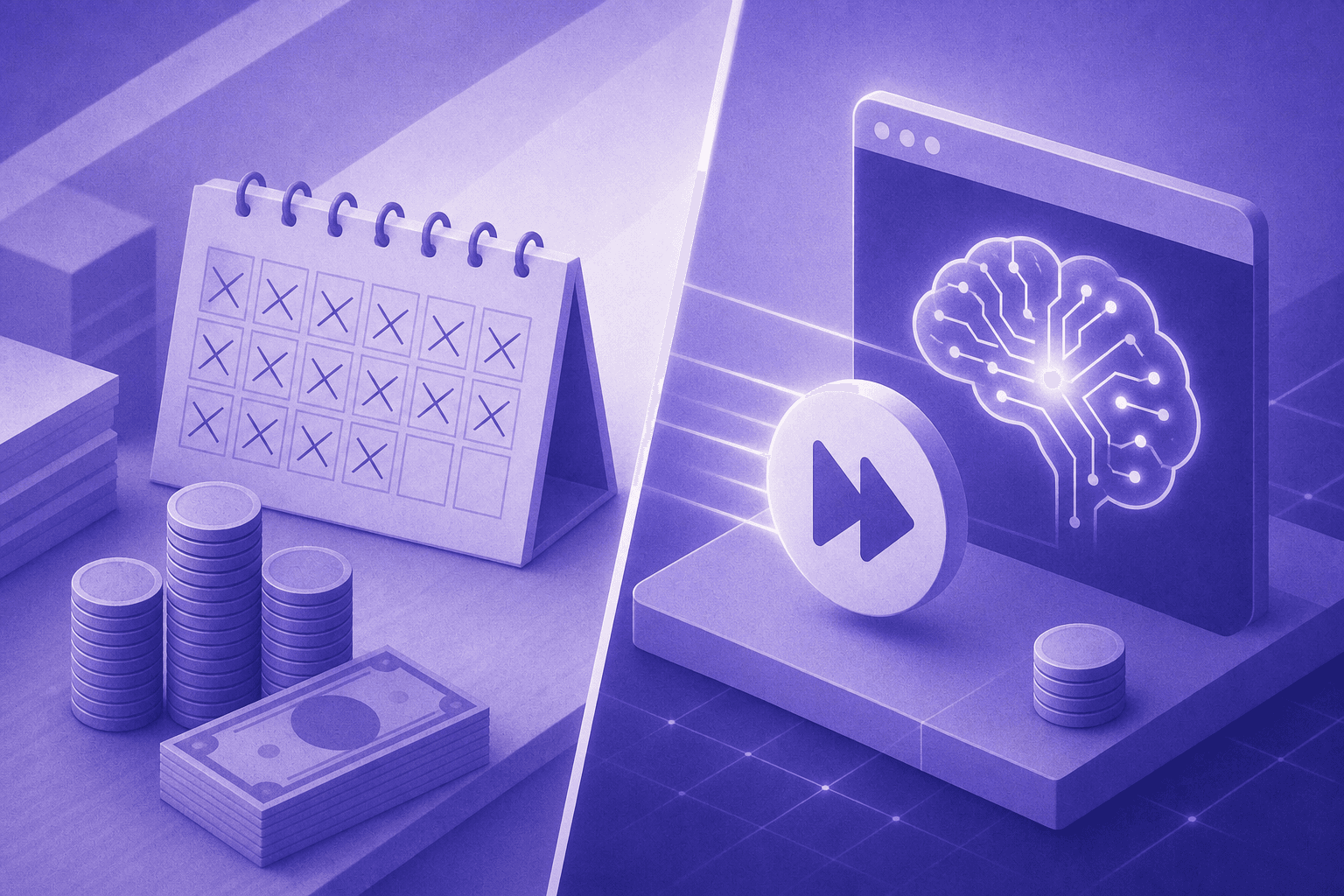 A split-screen visual comparison showing two sides: on the left, a traditional office desk with a calendar showing many months crossed out, representing a long ramp-up period, with stacks of coins and dollar bills indicating high cost; on the right, a sleek digital interface with a glowing AI circuit brain, a fast-forward symbol, and a much smaller stack of coins, representing lower cost and faster time-to-first-result. Clean, modern flat design with a blue and white color palette, no text or labels.