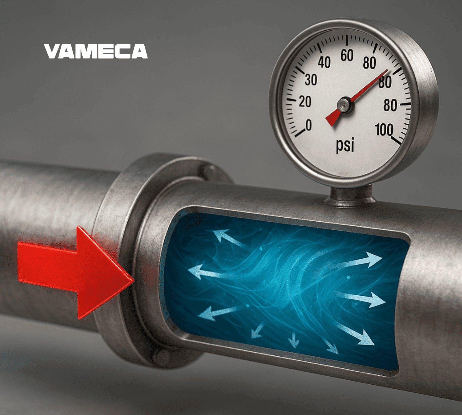 Coupe 3D d’une conduite industrielle en acier inox avec fluide sous pression et manomètre PSI.