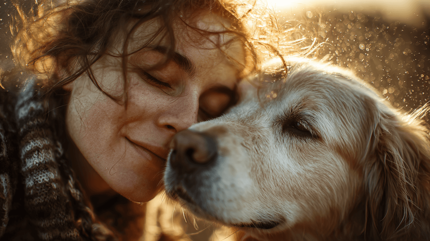 Frau und Golden Retriever kuscheln innig im warmen Sonnenlicht, beide haben die Augen geschlossen und genießen die Ruhe.