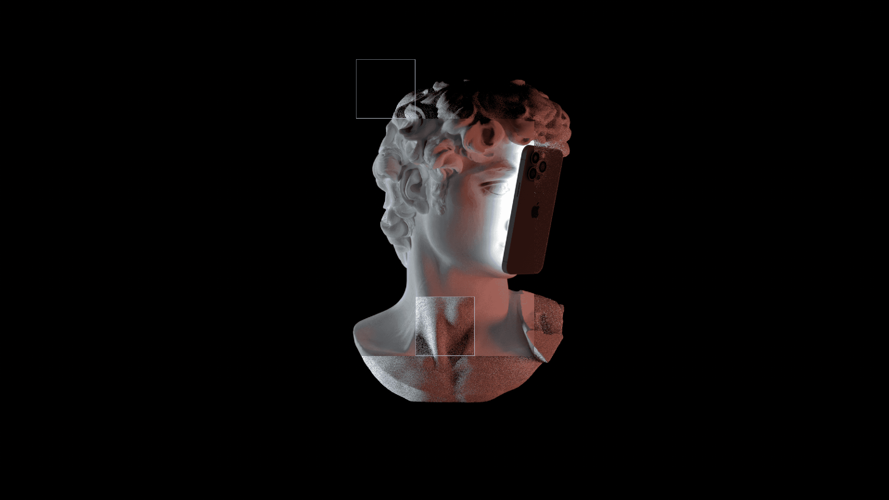 Marble bust with a smartphone covering half the face on a black background