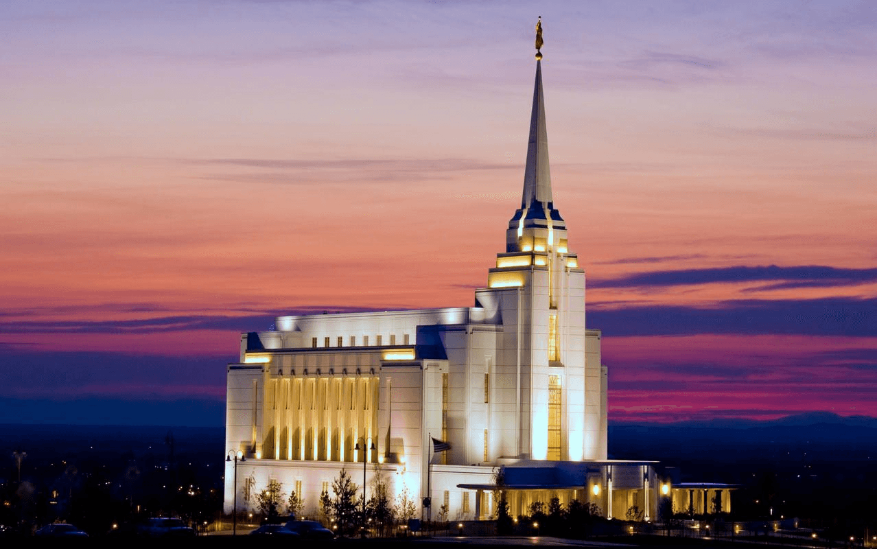 Temple with spire at sunset