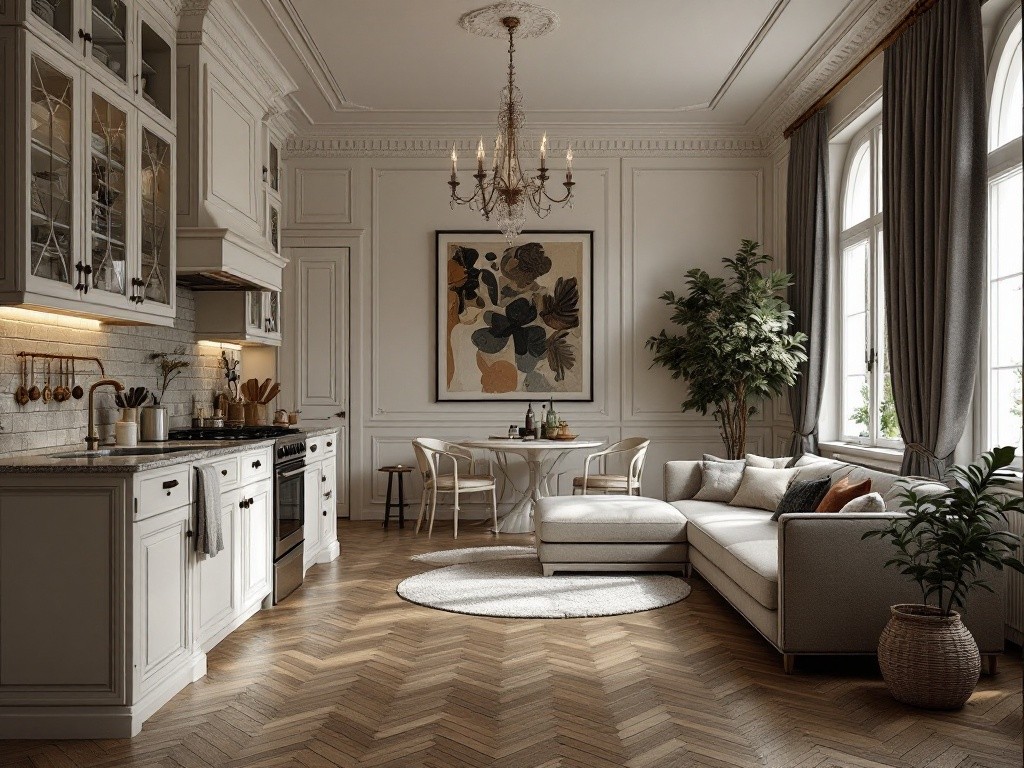 A modern kitchen and living room with white cabinets, herringbone floors, and a gray sectional sofa.