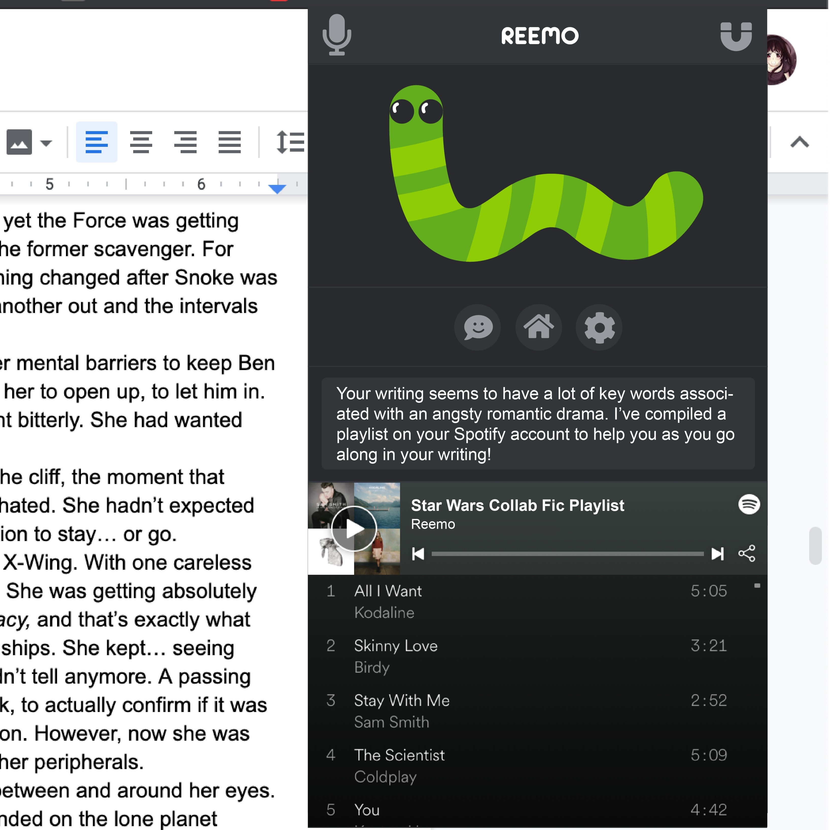 Reemo suggests playing music to help the user focus during writing.