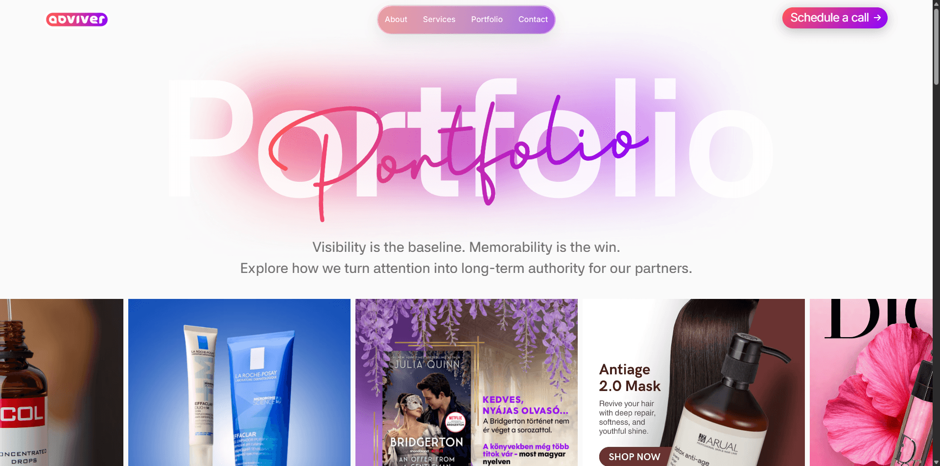 Advivier portfolio page with featured works.