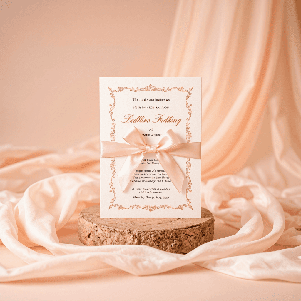 product photography of a wedding invitation card with a decorative ribbon