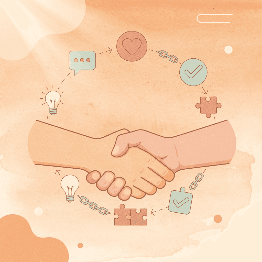 Illustration of partnership handshake with SEO-related icons floating around - Best SEO Agency In Utah