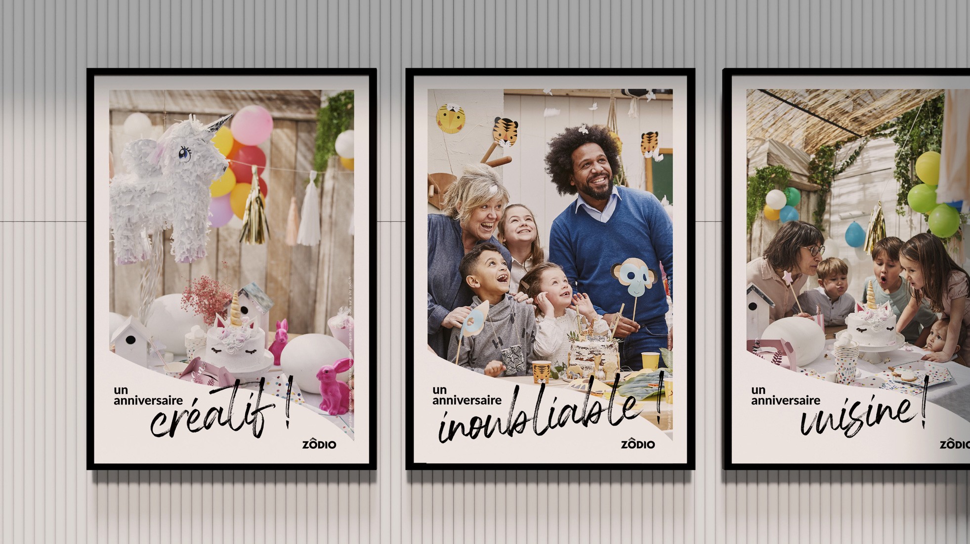 3 affiches célébrant les ateliers anniversaires : créatif, inoubliable, cuisine.
