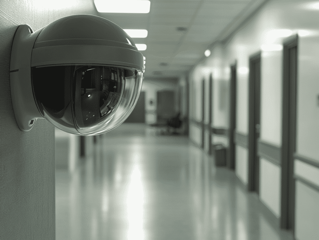 A security camera mounted on the wall of a well-lit, modern hallway in a facility. Multiple dome cameras are visible along the corridor, ensuring surveillance and safety.