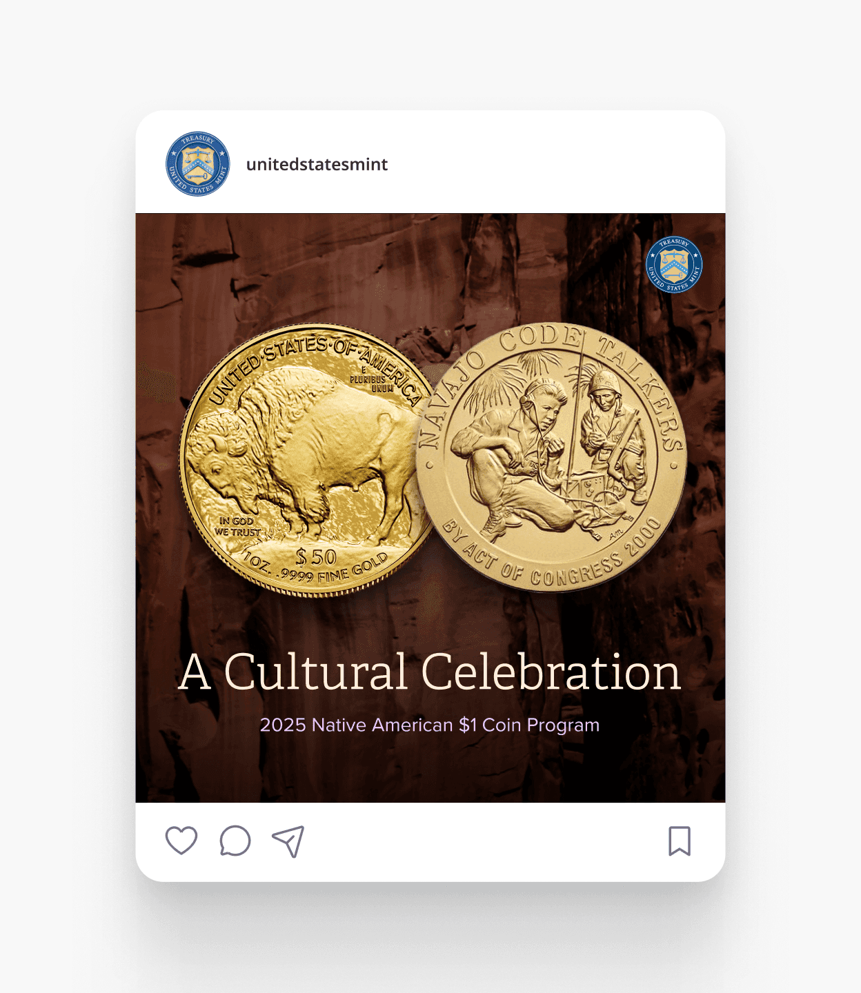 An example of an Instagram post feautring coins from the Native American $1 Coin Program.