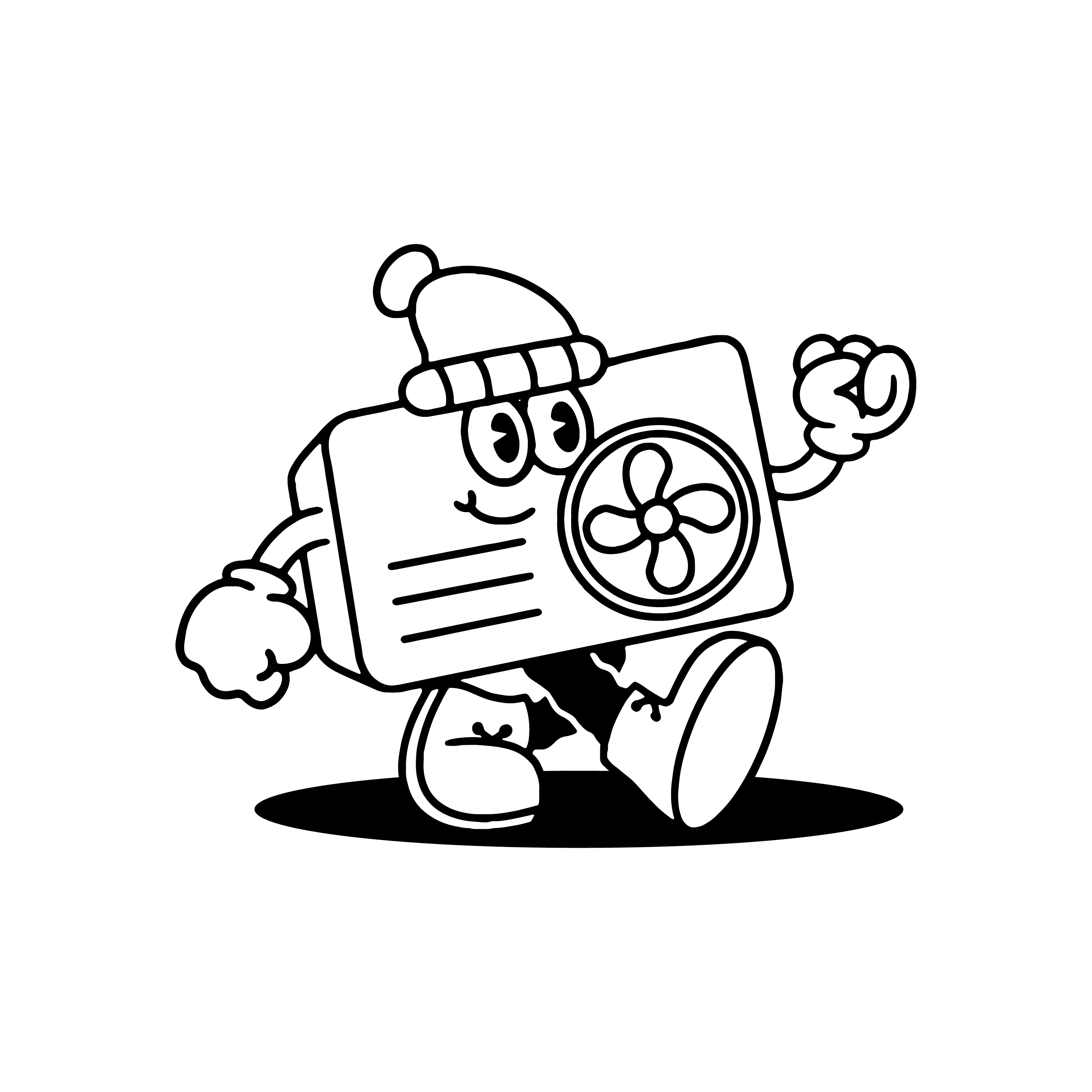 A cute line illustration of a gas heater with arms, legs, eyes and a winter hat