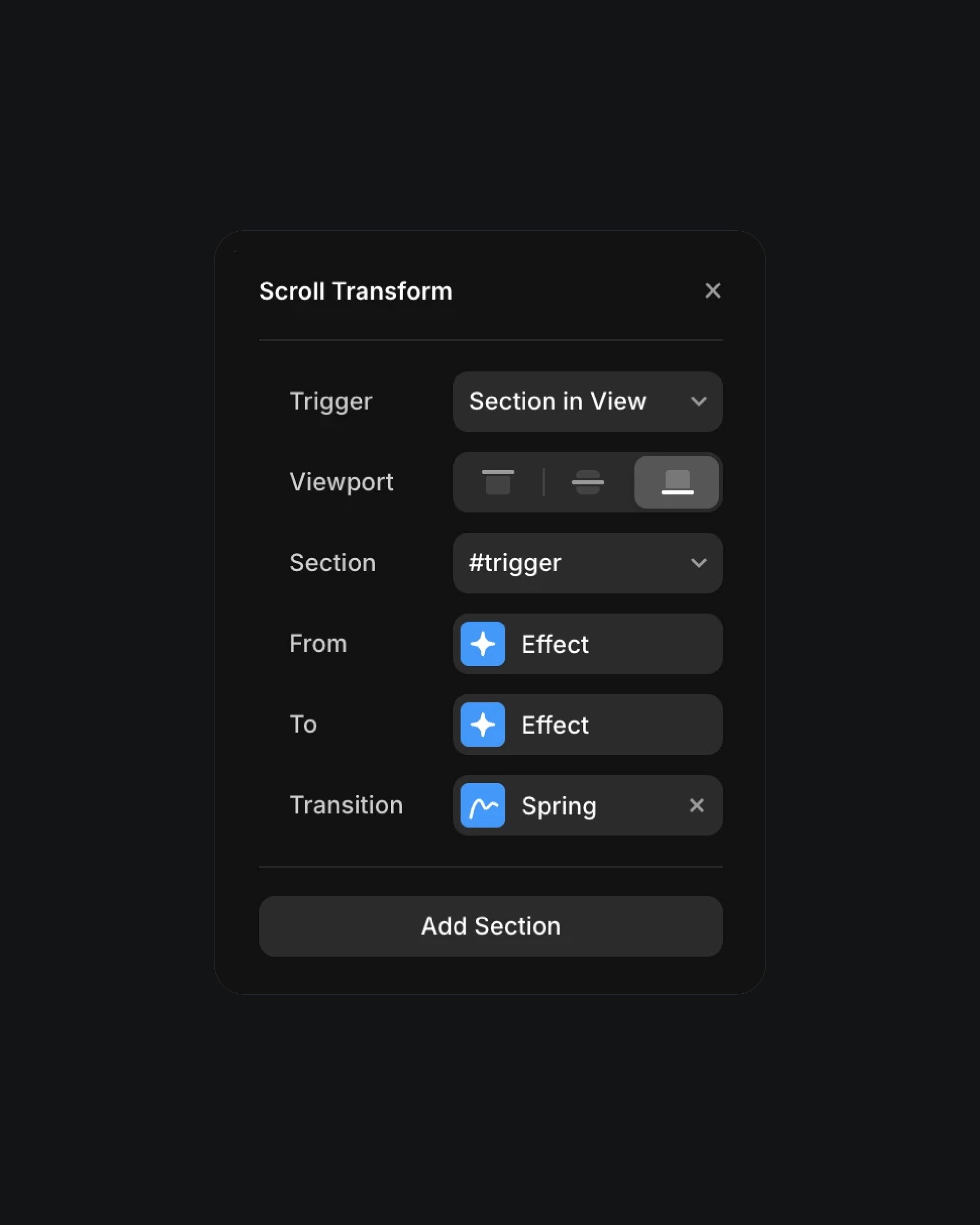 Scroll transform UI with trigger and transition settings