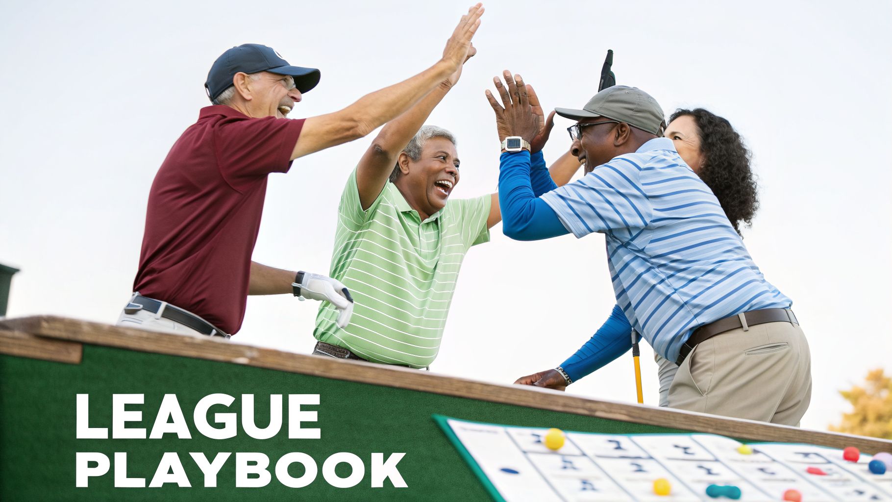 Diverse senior golfers celebrate a good play on the course, high-fiving by a league playbook.