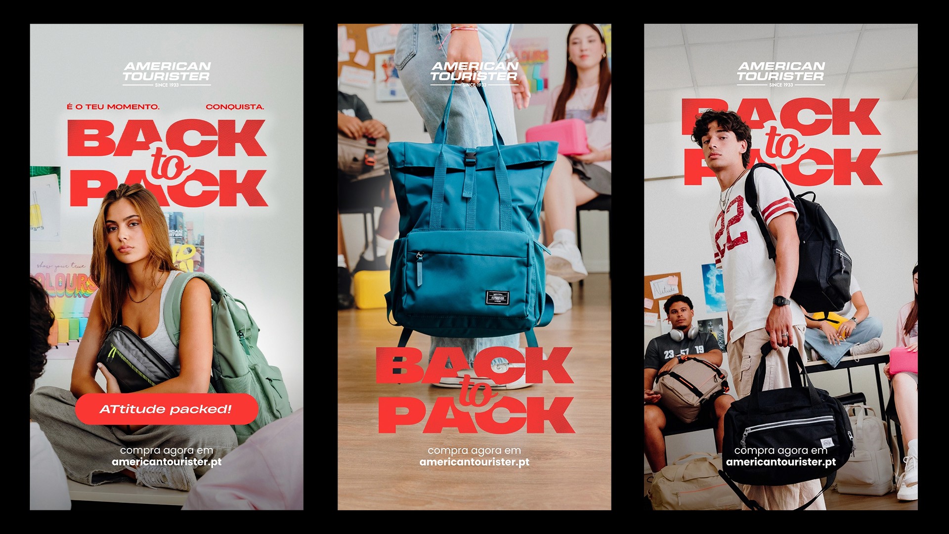 Three American Tourister 'Back to Pack' Instagram stories featuring students and a teal backpack