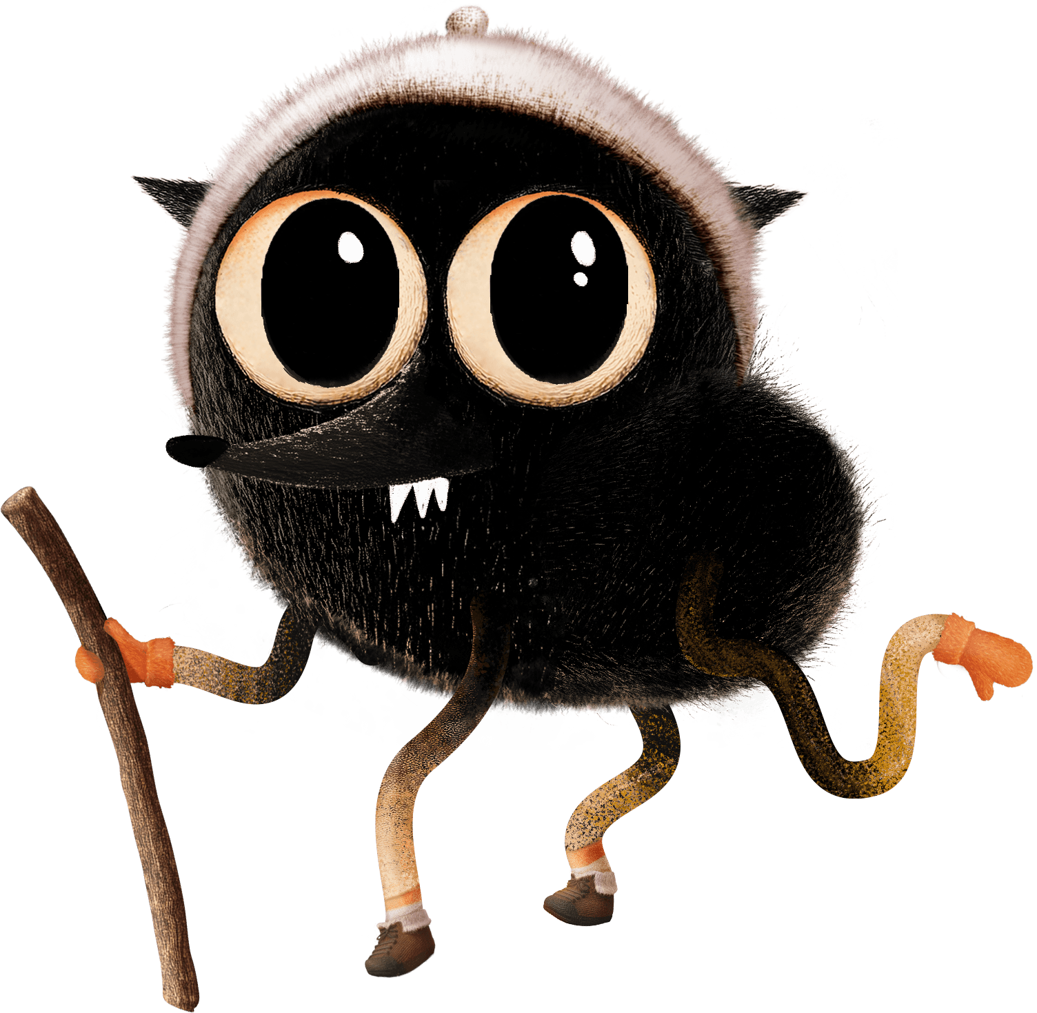 a black fluffy creature in hikinh clothes