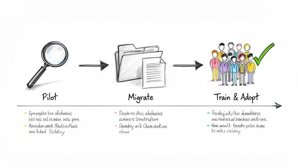 Three-step business process flow: pilot testing, data migration, and user adoption with training.