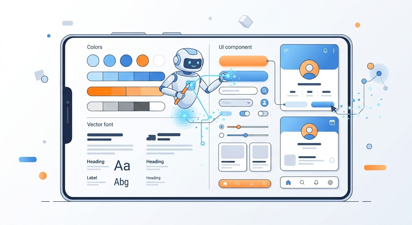 AI design assistant generating an app design system with a color palette, fonts, and UI components